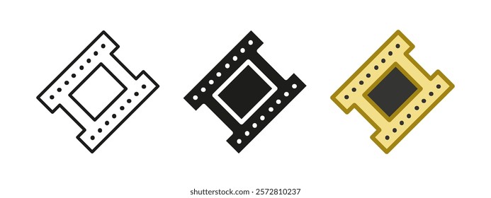 Movie film icon. Video tape vector illustration. Photo frame symbol. Disrobed filmstrip sign. Cinema and cinematography production pictogram. Vintage retro camera negative film reel isolated concept.