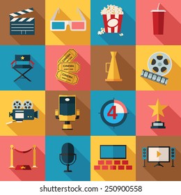 Movie And Film Icons Set. Flat Style Design. Vector Illustration.