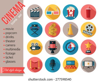 Movie and film icons set. Flat style design. Vector illustration.