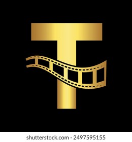 Película de cine Logotipo combinado con letra T Vector Plantilla