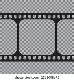 movie film long strip, vintage filmstrip roll frame, vector photo background. Video or movie filmstrip overlay, cinema or photograph camera long film strip with transparent screen