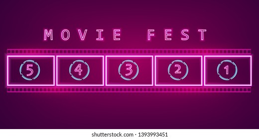 Movie film neon sign Vector. Glowing billboard dark background. Shinning templates cinema festival symbols