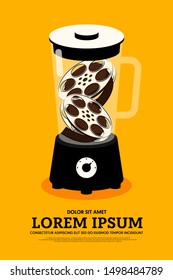 Movie and film poster design template background, decorative with film reel inside a blender. Graphic design element template can be used for backdrop, brochure, publication, vector illustration