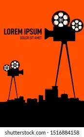 Movie and film poster design template background with cityscape. 