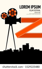 Movie and film poster design template background with cityscape. Graphic design element template 