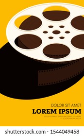 Movie and film poster design template background with isometric film reel. Graphic design element template can be used for backdrop, brochure, leaflet, flyer, print, publication, vector illustration