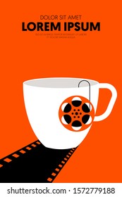 Movie and film poster design template background with filmstrip and coffee cup. Graphic design element template can be used for brochure, leaflet, flyer, print, publication, vector illustration