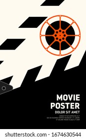 Movie and film poster design template background with film reel and clapperboard. Applicable to backdrop, banner, brochure, leaflet, flyer, print, publication, vector illustration