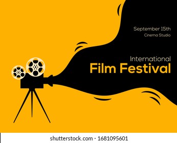 Movie And Film Poster Design Template Background With Vintage Film Camera. Applicable To Backdrop, Banner, Brochure, Leaflet, Flyer, Print, Publication, Vector Illustration