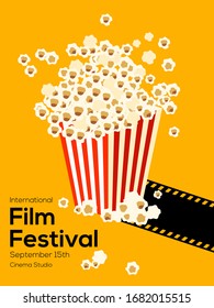 Movie and film poster design template background with vintage filmstrip and popcorn. Applicable to backdrop, banner, brochure, leaflet, flyer, print, publication, vector illustration