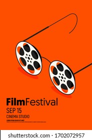 Movie and film poster design template background with isometric eyeglasses vector illustration