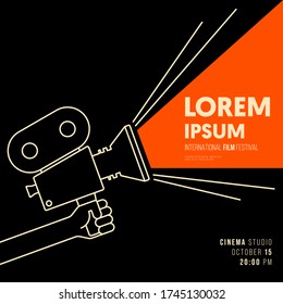 Movie and film poster design template background with vintage film camera outline. Design element can be used for backdrop, banner, brochure, leaflet, flyer, print, publication, vector illustration