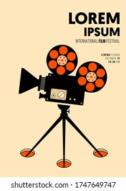 Movie and film poster design template background with retro film camera. Design element can be used for backdrop, banner, brochure, leaflet, flyer, print, publication, vector illustration