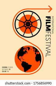 Movie and film poster design template background with film reel and world map. Design element can be used for backdrop, banner, brochure, leaflet, flyer, print, publication, vector illustration