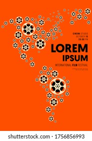 Movie and film poster design template background with film reel and world map. Design element can be used for backdrop, banner, brochure, leaflet, flyer, print, publication, vector illustration