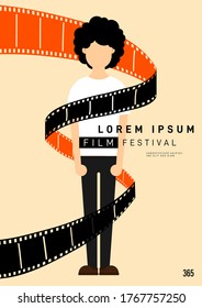 Movie and film poster design template background with young man and filmstrip. Design element can be used for backdrop, banner, brochure, leaflet, flyer, print, publication, vector illustration