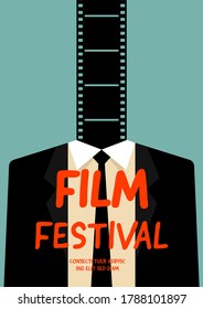 Movie and film poster design template background with filmstrip and businessman. Design element can be used for backdrop, banner, brochure, leaflet, flyer, print, publication, vector illustration