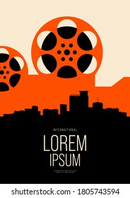 Movie and film poster design template background with vintage film camera and city skyline. Design element can be used for backdrop, banner, brochure, leaflet, flyer, print, EPS10 vector illustration