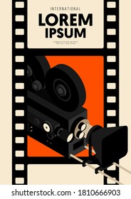 Movie and film poster design template background with isometric vintage film camera. Design element can be used for backdrop, banner, brochure, leaflet, flyer, print, EPS10 vector illustration