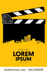 Movie and film poster design template background with clapperboard and city skyline. Design element can be used for backdrop, banner, brochure, leaflet, flyer, print, publication, vector illustration