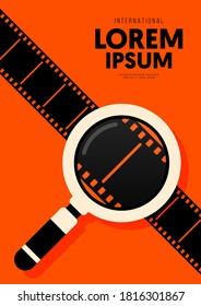 Movie and film poster design template background with magnifying glass and filmstrip. Can be used for backdrop, banner, brochure, leaflet, flyer, print, publication, EPS10 vector illustration