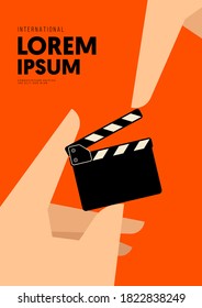 Movie and film poster design template background with human hand and clapperboard. Design element can be used for backdrop, banner, brochure, leaflet, flyer, print, publication, vector illustration