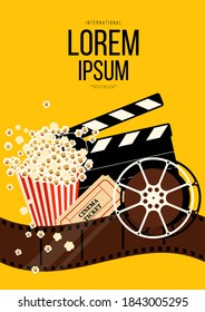 Movie and film poster design template background with popcorn, filmstrip, clapperboard, ticket. Can be used for backdrop, banner, brochure, leaflet, flyer, print, publication, vector illustration