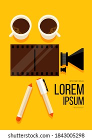 Movie and film poster design template background with filmstrip, coffee cup, stationery. Can be used for backdrop, banner, brochure, leaflet, flyer, print, publication, vector illustration