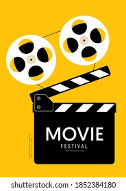 Movie and film poster design template background with film reel and clapperboard. Design element can be used for backdrop, banner, brochure, leaflet, flyer, print, publication, vector illustration