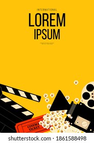 Movie and film poster design template background with popcorn, filmstrip, clapperboard. Can be used for backdrop, banner, brochure, leaflet, flyer, print, publication, vector illustration