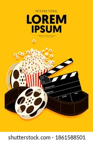 Movie and film poster design template background with popcorn, filmstrip, clapperboard. Can be used for backdrop, banner, brochure, leaflet, flyer, print, publication, vector illustration