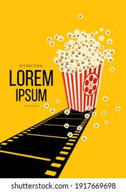 Movie and film poster design template background with retro filmstrip and popcorn. Can be used for backdrop, banner, brochure, leaflet, flyer, print, publication, vector illustration