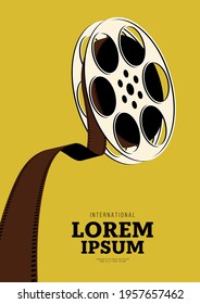 Movie and film poster design template background with vintage film reel. Can be used for backdrop, banner, brochure, leaflet, flyer, print, publication, vector illustration