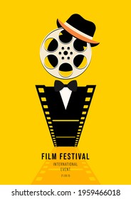 Movie and film poster design template background with vintage film reel. Can be used for backdrop, banner, brochure, leaflet, flyer, print, publication, vector illustration