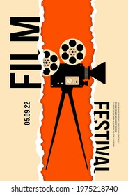 Movie and film poster design template background with vintage film camera. Can be used for backdrop, banner, brochure, leaflet, flyer, print, publication, vector illustration