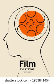 Movie and film poster design template background with vintage outline film reel. Can be used for backdrop, banner, brochure, leaflet, flyer, print, publication, vector illustration