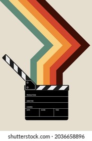 Movie And Film Poster Design Template Background With Film Slate And Colorful Stripe Line. Can Be Used For Backdrop, Banner, Brochure, Leaflet, Flyer, Print, Publication, Vector Illustration