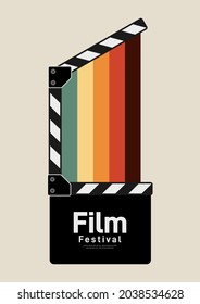 Movie And Film Poster Design Template Background With Film Slate And Colorful Stripe Line. Can Be Used For Backdrop, Banner, Brochure, Leaflet, Flyer, Print, Publication, Vector Illustration