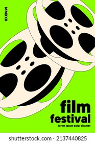 Movie and film poster design template background with film reel. Can be used for backdrop, banner, brochure, leaflet, flyer, print, publication, vector illustration