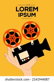 Movie and film poster design template background with vintage camera. Can be used for backdrop, banner, brochure, leaflet, flyer, print, publication, vector illustration