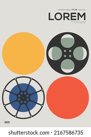 Movie And Film Poster Design Template Background With Film Reel Minimal Style. Can Be Used For Backdrop, Banner, Brochure, Leaflet, Flyer, Print, Publication, Vector Illustration