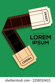 Movie and film poster design template background with cinema ticket. Can be used for backdrop, banner, brochure, leaflet, flyer, print, publication, vector illustration