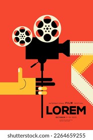 Film- und Poster-Design-Hintergrund mit Vintage-Kamera. Kann für Hintergrund, Banner, Broschüren, Broschüren, Flyer, Druck, Veröffentlichung, Vektorgrafik verwendet werden