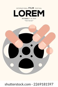 Movie and film poster design template background with film reel. Can be used for backdrop, banner, brochure, leaflet, flyer, print, publication, vector illustration
