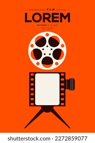 Fondo de plantilla de diseño de afiches de películas y películas con carrete de película. Puede utilizarse para el fondo, el banner, el folleto, el folleto, el volante, la impresión, la publicación, la ilustración vectorial