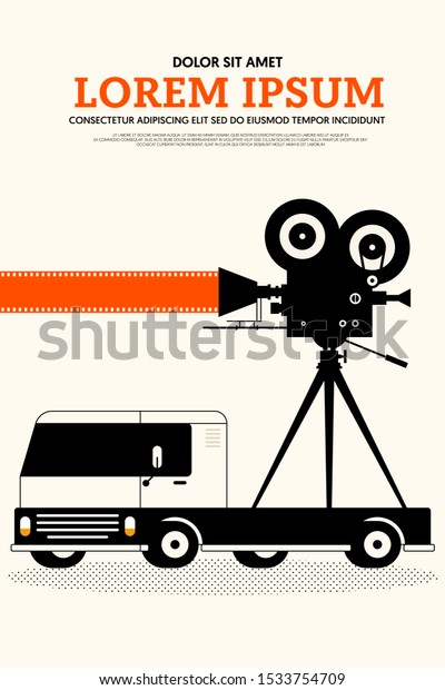 Movie and film poster design template\
background with truck and film reel. Graphic design element\
template can be used for backdrop, brochure, leaflet, flyer, print,\
publication, vector\
illustration