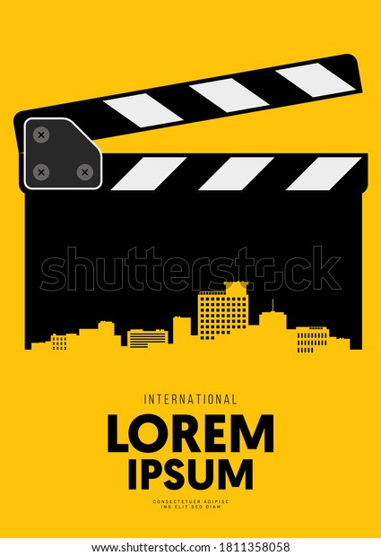 Movie and film poster design template\
background with clapperboard and city skyline. Design element can\
be used for backdrop, banner, brochure, leaflet, flyer, print,\
publication, vector\
illustration