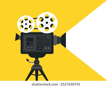 Pôster de filme e filme sobre fundo amarelo. Tempo de filme, banner de cinema, vintage estilo retro.