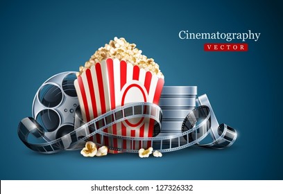 Movie Film Reel And Popcorn Cinematography Concept. EPS10 Vector Illustration.