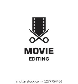 movie film roll with scissor cut editing logo icon vector template